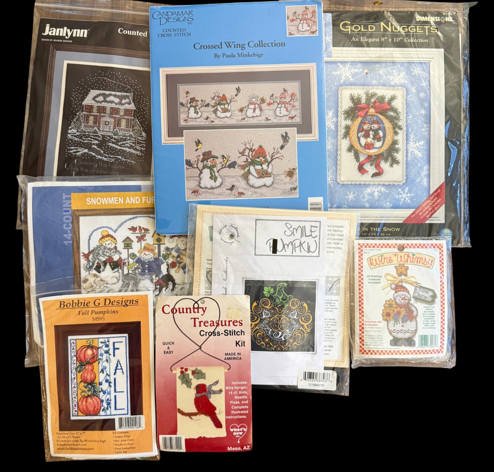 Lot of 8 Seasonal Cross Stitch Kits Dimensions Fall Pumpkin Winter Snowman NOS